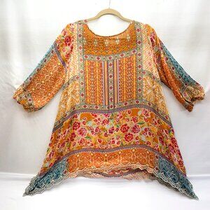 Johnny Was Women's S Floral Scalloped Hem, Gathered Sleeves, Size M